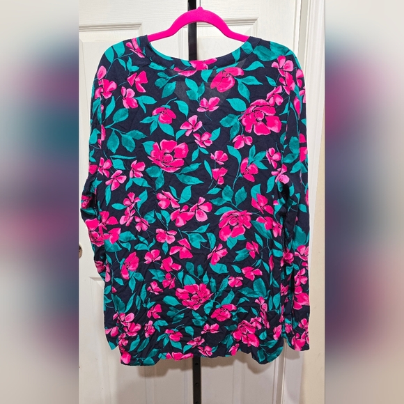 Talbots Navy Blue Floral Pink and Green Women's Top Blouse - Picture 3 of 11